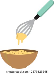 Beater whisk vector. Beater whisk on white background. Sticky flour. Flour stretch. Flour in bowl.