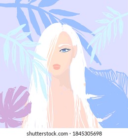 Beatiful blond girl with tropical leaves. T-Shirt Design and Printing, clothes, bags, posters, invitations, cards, leaflets etc. Vector hand drawn illustration.