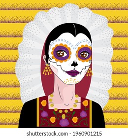 Beatiful Catrina in typical Oaxaca costume. Tehuana.