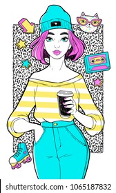 Beatiful girl with fashion patches in cartoon 80s-90s comic style. T-Shirt Design and Printing, clothes, bags, posters, invitations, cards, leaflets etc. Vector hand drawn illustration.