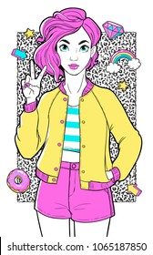 Beatiful girl with fashion patches in cartoon 80s-90s comic style. T-Shirt Design and Printing, clothes, bags, posters, invitations, cards, leaflets etc. Vector hand drawn illustration.