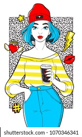 Beatiful girl with fashion patches in cartoon 80s-90s comic style. T-Shirt Design and Printing, clothes, bags, posters, invitations, cards, leaflets etc. Vector hand drawn illustration.