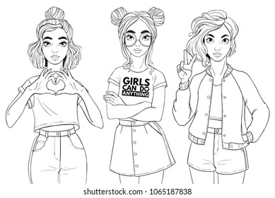 Beatiful girls isolated on white background. T-Shirt Design and Printing, clothes, bags, posters, invitations, cards, leaflets etc. Vector hand drawn illustration.