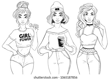 Beatiful girls isolated on white background. T-Shirt Design and Printing, clothes, bags, posters, invitations, cards, leaflets etc. Vector hand drawn illustration.