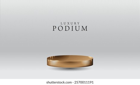 Beatiful golden stage, pedestal or podium in stripped color paper studio background. 3D illustration. Perfect background or mockup for cosmetics or fashion. Place your object or product on pedestal