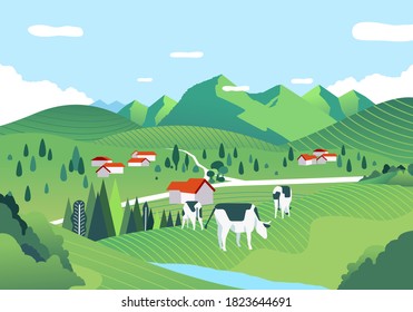 Beatiful Landscape With A Vast Expanse Of Green Field, Hill And Cows Are Grazing Vector Illustration. Used For Poster, Banner And Web Image.