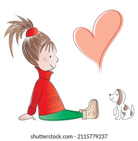 Beatiful little child girl with her puppy friend with red heart on white background. Vector illustration.