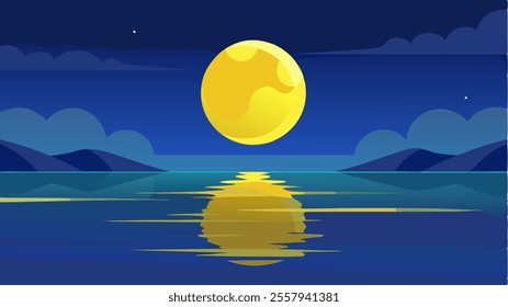 Beatiful night at sea with big yellow moon, beatiful landscape island, wallpaper background or design