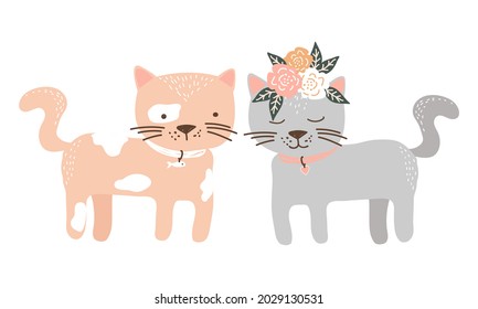 Beatiful pair of  cats. Kitty in a flower wreath. Cute  home pets. Vector illustration. Baby print