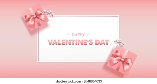 Beatiful pink pastel greeting card or banner with gift box. Happy Valentine's Day. Vector illustration for greeting card, banners, wallpaper, invitation, flyer, sertificate or gift card.