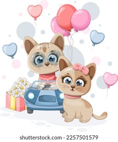 Beatia postal con gatitos bonitos, auto, regalo y globos
