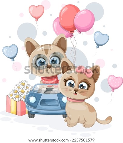 Beatiful postcard with cute kittens, car, gift and balloons