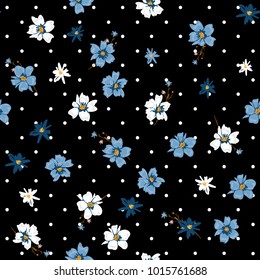 Beatiful softy Vector seamless pattern wild flower mix on modern polka dots black and white