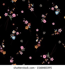 Beatiful and trendy of liberty small booming floral and meadow flowers seamless pattern in vector,Dessign for fashion,fabric,wallpaper,wrapping and all prints on black background.