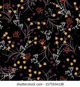 Beatiful and trendy of liberty small booming floral and meadow flowers seamless pattern in vector,Dessign for fashion,fabric,wallpaper,wrapping and all prints on black background.