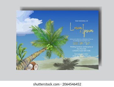 bellas hojas tropicales con sorteo manual de la plantilla de la tarjeta de invitación de boda vector premium