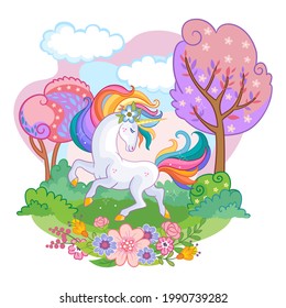 Beatiful unicorn with rainbow mane frolics in a magical forest. Cartoon character. Beatiful background vector illustration. For print, design, poster, card, sticker, decor, party, t-shirt,kids apparel