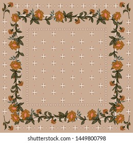 Beatiful vintage of Bohemian blooming flowers scarf bandana style seamless pattern vector design for fashion,scarf ,fabric and all prints on retro brown background color
