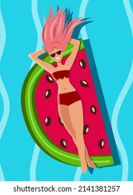 Beatiful woman swimming on water matress. Vector illustration