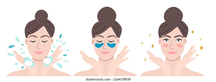 beatiful woman washing her face, applying eye patches and looking great