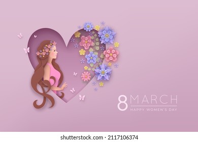 Mujer hermosa con corona de flores y mariposas en el interior. 8 de marzo Feliz Día de la Mujer tarjeta de saludo en estilo corte de papel en un fondo rosa