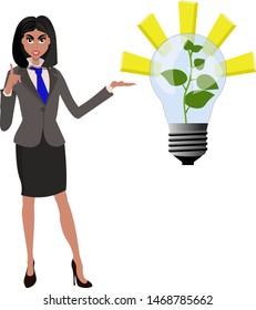 Beatifull businesswoman pointing to successfull idea from lamp with growing green plant. Vector illustration for successfull business concept idea