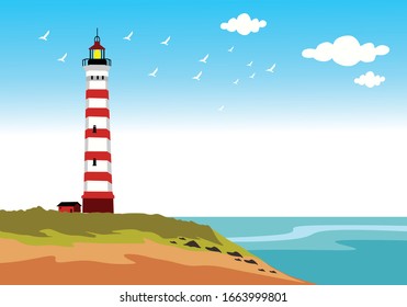 beatifull cape with a lighthouse seagull blue sky and clouds for background illustration and image