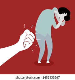 Beating a child. The slave trade of children. Child abuse. Editable vector illustration