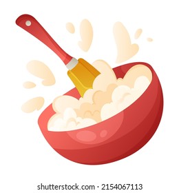 Crema batida en la ilustración de la caricatura del vector intestinal. Diseño de panadería. Cocina, utensilios de cocina. Proceso de cocción con espátula culinaria.