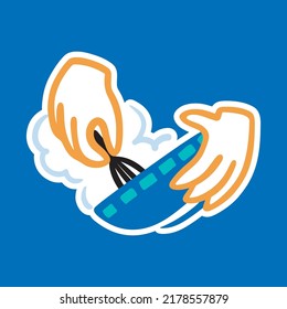 Beating the dough and eggs with a whisk. Mixing. Cooking baking. Hands. Vector sticker in cartoon doodle style.