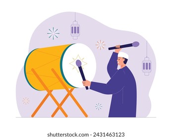 Beating the drum with enthusiasm on the eve of Eid, vector illustration.