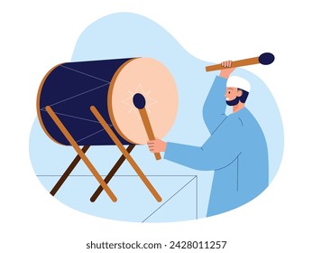 Beating the drum to mark prayer time has arrived, Muslim vector illustration.