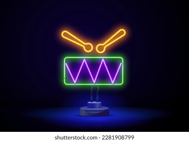 Beating drum neon sign. Red drum with sticks and melody symbols. Night bright advertisement. Vector illustration in neon style for music and parade