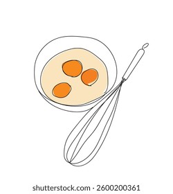 Beating eggs before make bakery. One single line drawing of beating raw eggs in a mixing bowl.  Young woman or man is making cake. Hand made vector not Al 