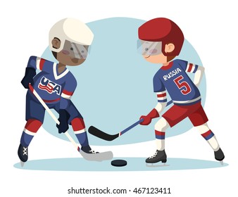 El concepto vectorial de los jugadores golpeados. Dos jugadores de hockey en el hielo.