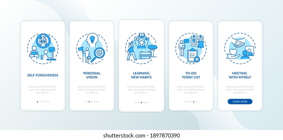 Beating procrastination methods onboarding mobile app page screen with concepts. To-do today list, new habits walkthrough 5 steps graphic instructions. UI vector template with RGB color illustrations