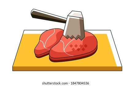 Carne de carne de filete golpeada con martillo aislado en fondo blanco