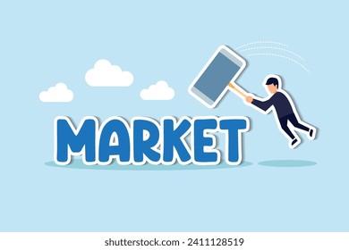 Beating the stock market, investor or active funds who win and earn more than stock market return concept, businessman investor or fund manager holding hammer to hit trying to beat the word Market.