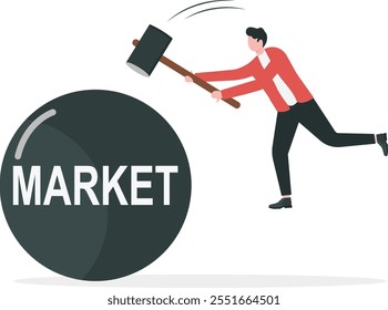 Beating the stock market, investors or active funds who win and earn more than stock market return concept, businessman investor or fund manager holding hammer to hit trying to beat the word Market.
