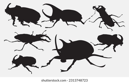Beatle Rhinoceroses black shape vector illustration set isolated on white background. Detailed decorative Beatle Rhinoceroses keeping logotype design elements. eps 10. 