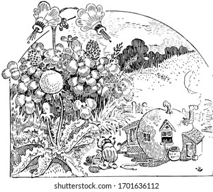 Beatle Yardwork, this scene shows a beatle attempting to mow the grass behind his home, vintage line drawing or engraving illustration