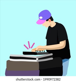 Beatmaker makes beats, vector illustration. The guy owns his hands. Beats and samples execution control. A man in a cap at the DJ booth. Sound engineer. Street subculture theme. Youth fashion.