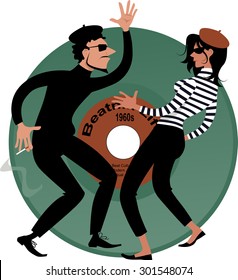 Beatnik couple dancing, vinyl record on the background, vector cartoon, EPS 8