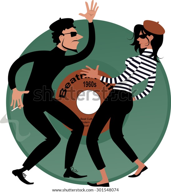Beatnik couple dancing, vinyl record on the background,\
vector cartoon, EPS 8