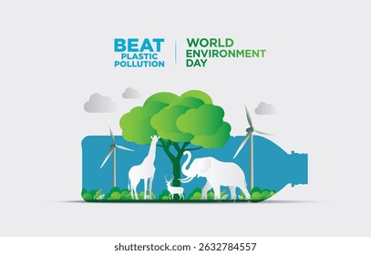#BeatPlasticPollution, World Environment day concept 2025 3d tree background. 