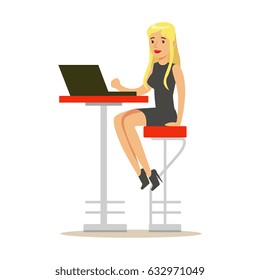 Beatuful blond woman sitting on a high chair and using laptop at high desk, colorful character vector Illustration