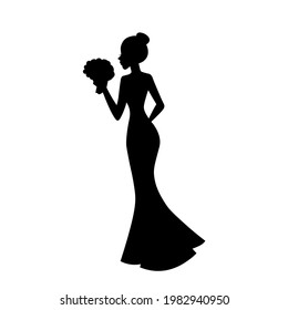 Hermosa novia en vestido de novia sosteniendo la ilusión vectorial de la silueta de ramo de flores aislada en fondo blanco