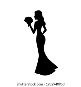 Beatuiful bride in wedding dress holding flower bouquet silhouette vector illustartion isolated on white background