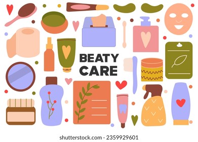 Beaty care flat cartoon set. The picture shows various things for beauty care: cosmetics, shampoos, beauty and hygiene products. Vector illustration.