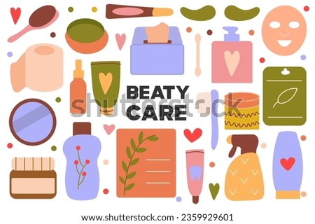 Beaty care flat cartoon set. The picture shows various things for beauty care: cosmetics, shampoos, beauty and hygiene products. Vector illustration.